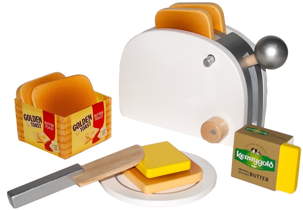 Houten broodrooster met brood en boter