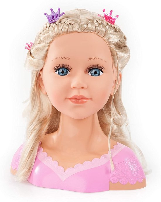 Kaphoofd met blond haar in een opgestoken kapsel met tiara's, gedetailleerde make-up.