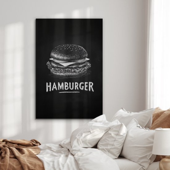 Aluminium schilderij 60x90 cm - Wanddecoratie metaal - Hamburger - Krijttekst - Zwart - Wit - Metalen muurdecoratie woonkamer - Decoratie industrieel - Foto op dibond - Industriële accessoires slaapkamer