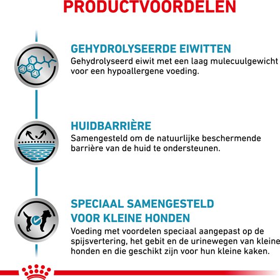 Grafische weergave van "Gehydrolyseerde eiwitten", "Huidbarrière" en "Speciaal samengesteld voor kleine honden".
