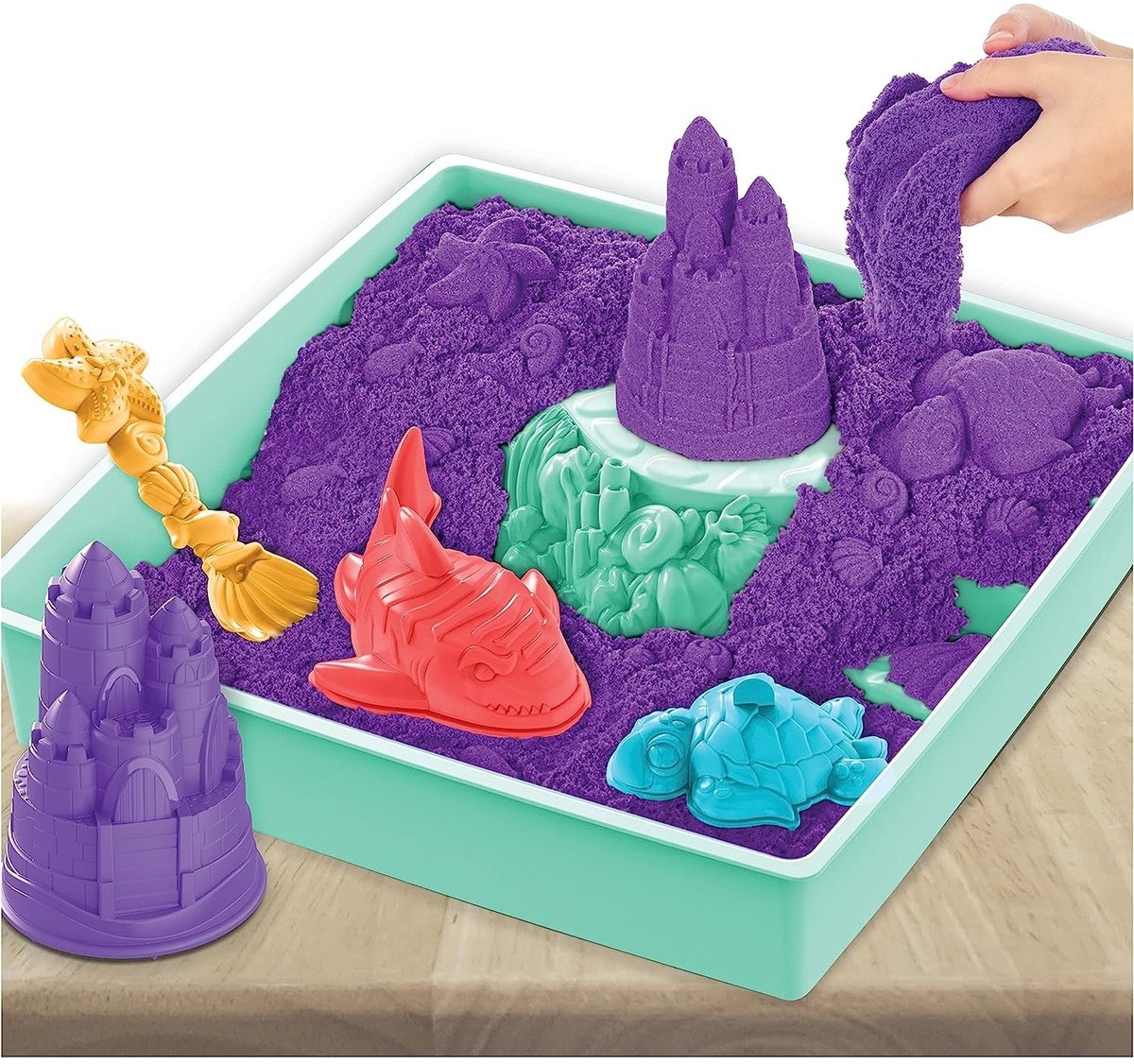 Kinetic Sand - Zandbak-set met 454 g paars origineel Kinetic Sand opbergzandbak 4 vormen en gereedschap - Sensorisch speelgoed — afbeelding 3