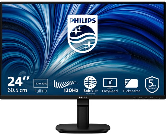 Zwarte Philips monitor van 24 inch, Full HD, met abstract blauw patroon op het scherm.