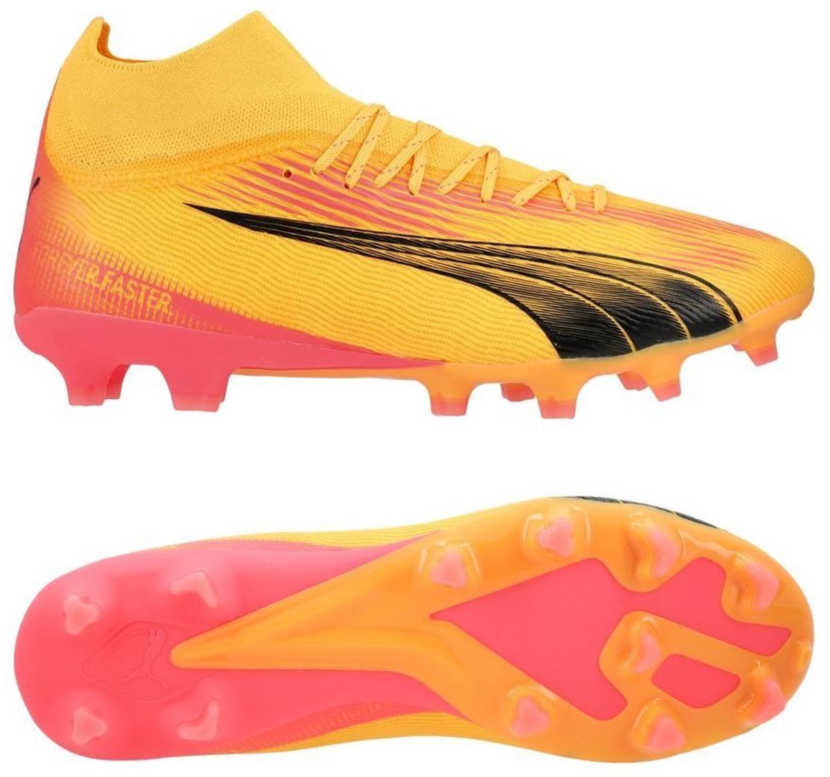 PUMA Ultra Pro FG/AG voetbalschoenen in Sun Stream, Puma Black en Sunset Glow, met een innovatieve, gestroomlijnde design.