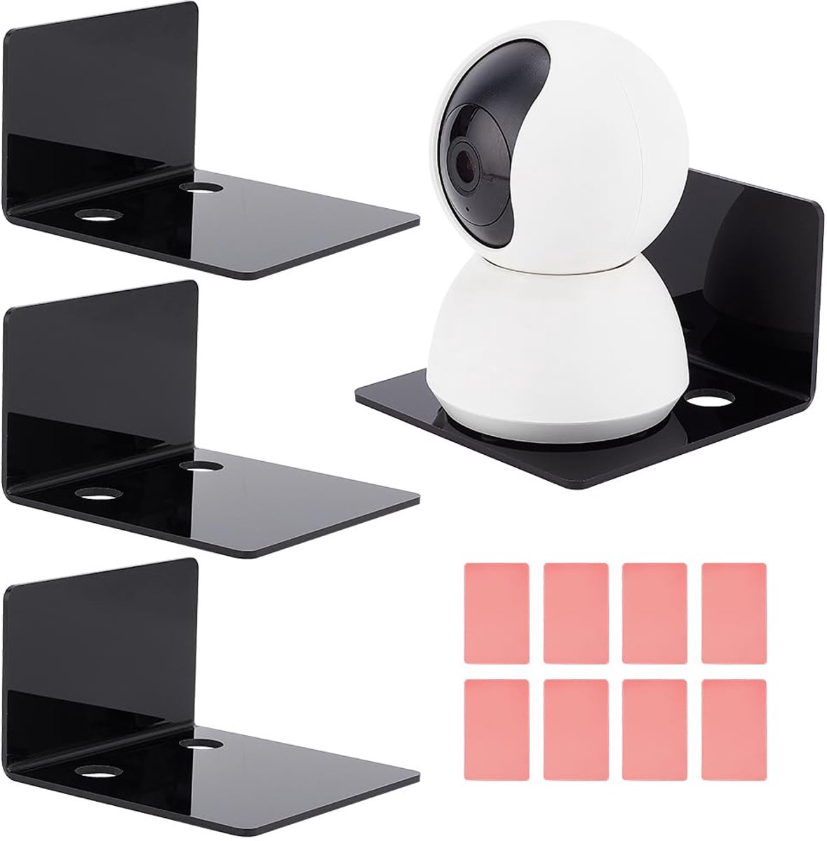 PH PandaHall Set van 4 Acryl Wandplanken - 10 cm Mini Drijvende Planken - Zelfklevende Zwarte Tentoonstellingsplanken met Beveiligingscamera Stickers