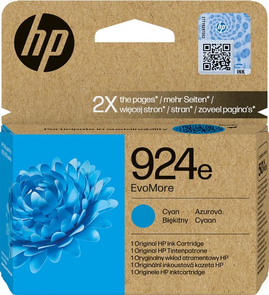 HP 924e EvoMore cyan inktcartridge in bruine verpakking met blauwe bloemafbeelding.