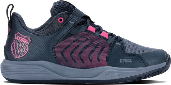Donkerblauwe tennisschoen voor dames met roze accenten en K-Swiss logo.