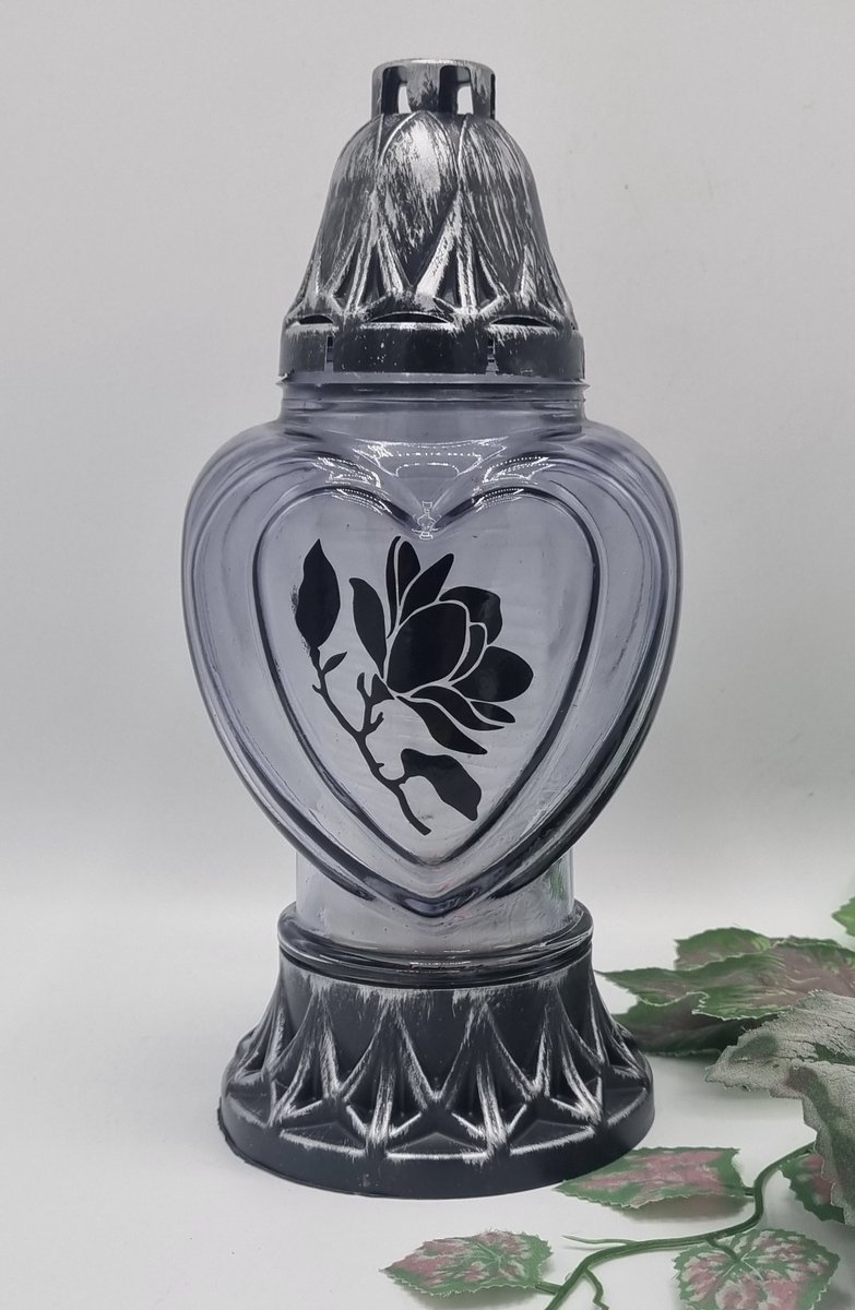 Herdenkingslicht - P39 - Zilver - Grijs glas - Magnolia - Grafkaars – Graflicht – Graflantaarn