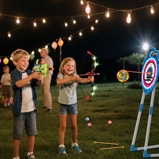 VATOS 2 stuks pijl en boogspeelgoed voor kinderen van 3-12 jaar, jongens en meisjes, oplichtend boogschieten, speelgoed met cup, staand doel en 29 inch dartbord, indoor outdoor activiteitencadeau