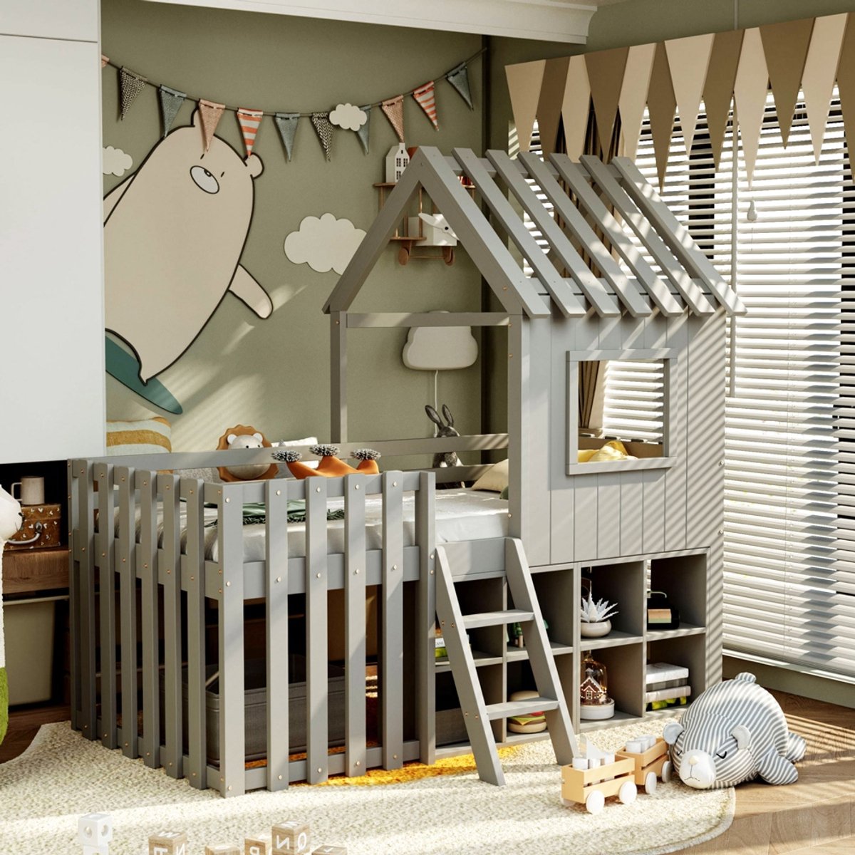 Komhtom Kinderhuisbed 90x200, met dak en raam, met open opbergruimte, met ladder, stapelbed voor kinderen van massief hout zonder matras, grijs