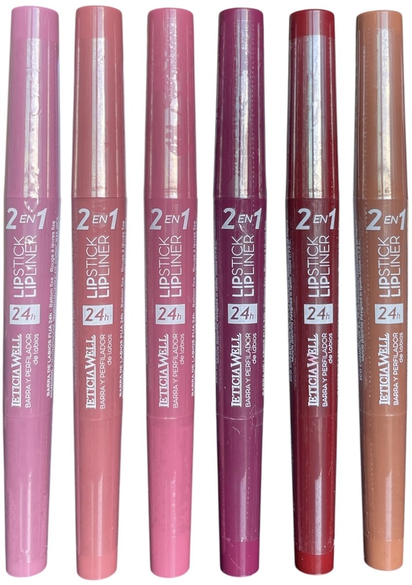 Leticia Well - 2 in 1 Lipstick en Lipliner - Set met 6 kleuren - Nummer 71 purper/donker roze tint, 72 roze/oranje/bruine tint, 73 roze tint, 74 wijnrode tint, 75 rode tint, 76 licht bruine/nude/beige tint