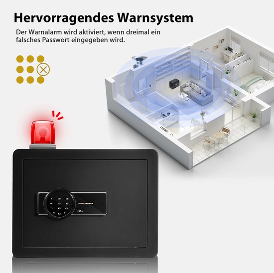 Zwarte kluis met knipperend rood alarmlicht en digitaal slot, geplaatst in een 3D-weergave van een huis met beveiligingszones.