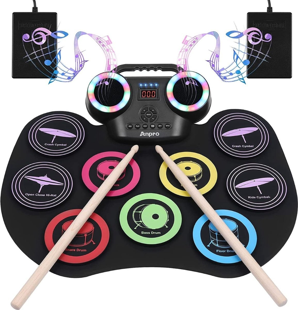 WNHB® Elektrisch drumstel draagbaar - 9 pads elektronische drumset met hoofdtelefoon aansluiting en LED scherm - oefenset voor beginners en gevorderden.
