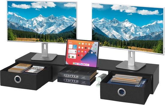 Navaris universele monitor standaard 2 schermen - 109 x 23 x 12 cm - Houten monitorstandaard - Monitor verhoger - Bamboe kleur