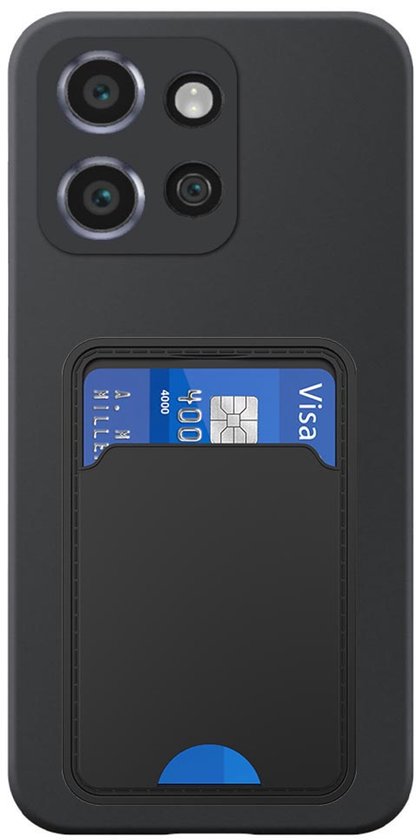 Zwart telefoonhoesje met pasjeshouder en een Visa kaart. De hoes is ontworpen voor een Motorola Edge 50 Neo.