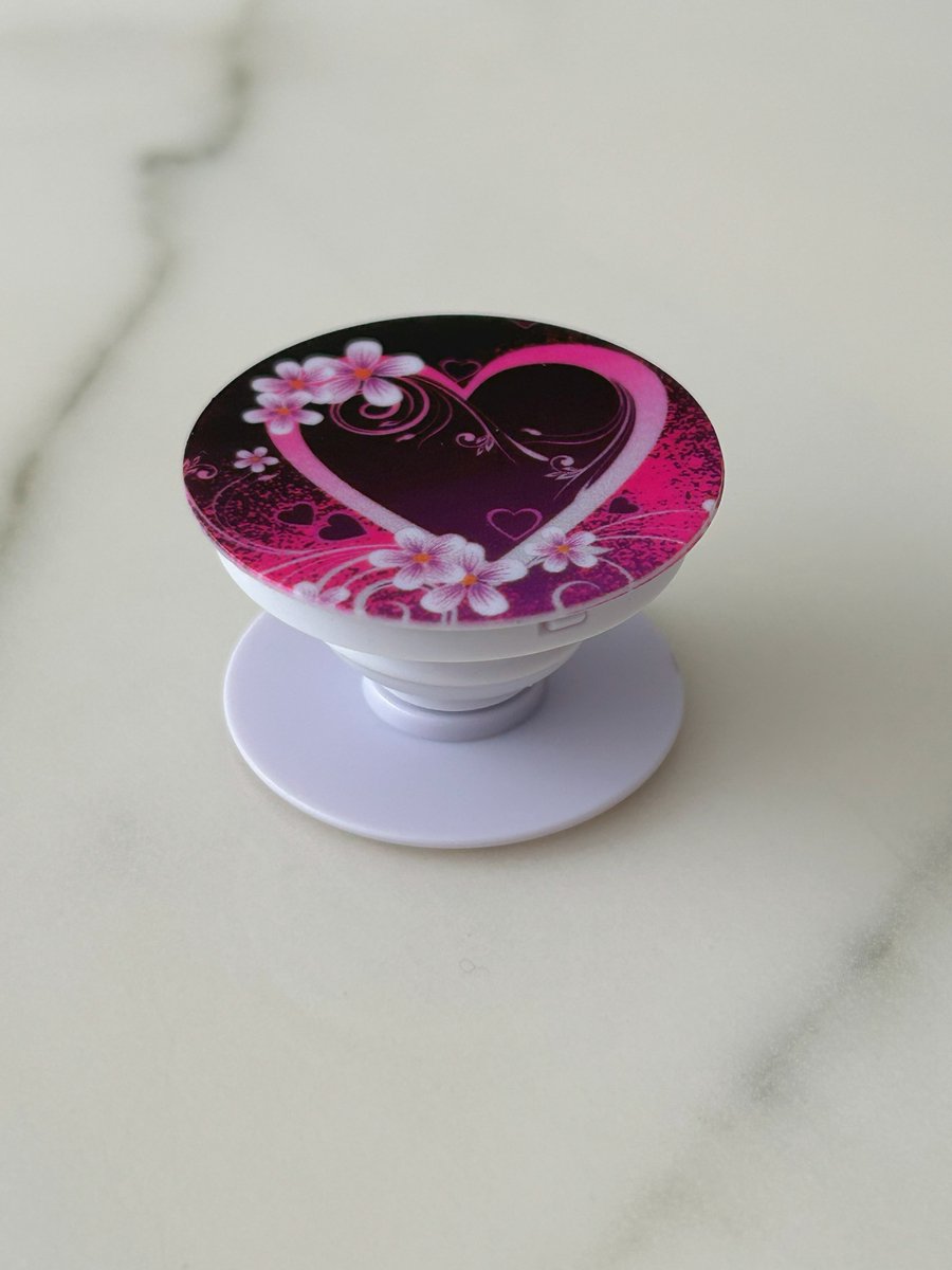 Telefoon Grip & Stand – Universele Smartphone Houder – Opvouwbaar & 360° Draaibaar – Past op Elke Telefoon of Hoesje - hart en Bloemen - Roze/Paars