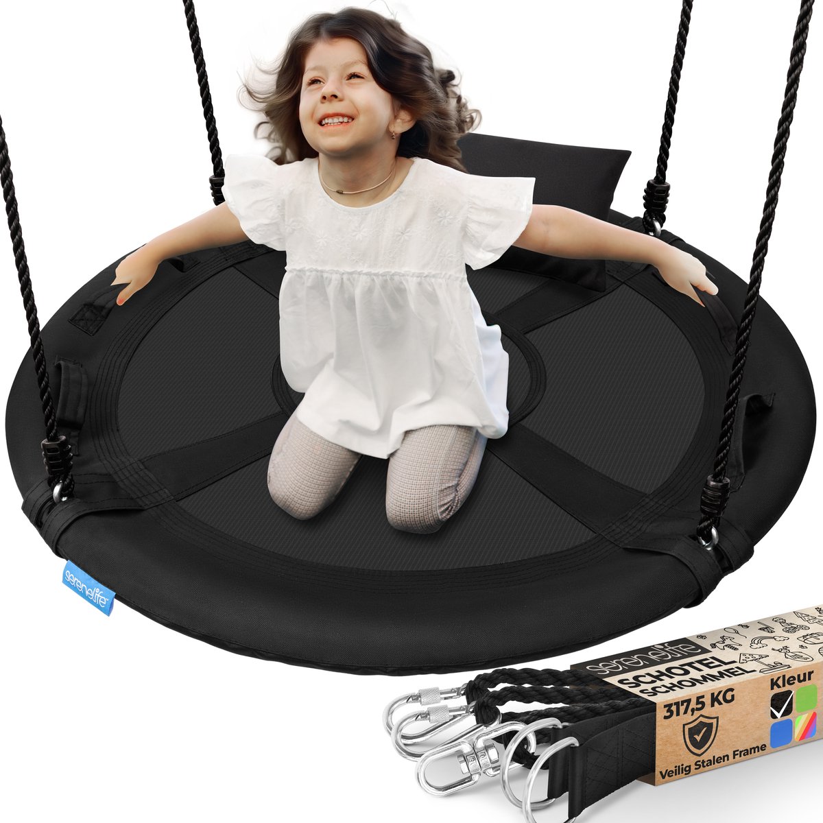 SereneLife Nestschommel 102 cm – Buitenschommel met Ophangset, 360° Draaischarnier & Kussen – Weerbestendig, Waterafstotend, tot 317 kg