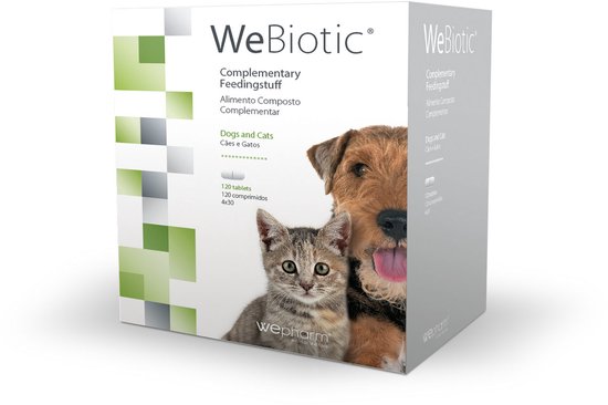 Doos WeBiotic voor honden en katten met 120 tabletten (4x30), met afbeeldingen van een hond en een kitten.