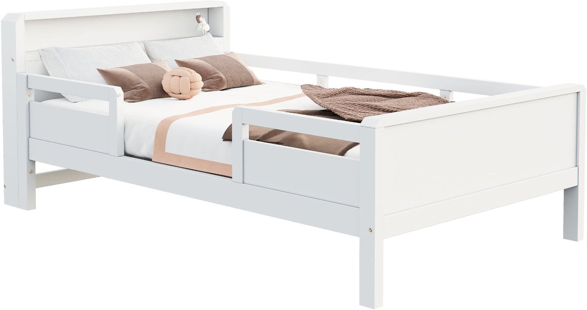 Merax Houten Bed 90×200 cm – Kinderbed en Eenpersoonsbed met LED Lamp – USB en Type-C Oplaadpunt – Hoofdbord met Opbergruimte – Wit – Zonder Matras