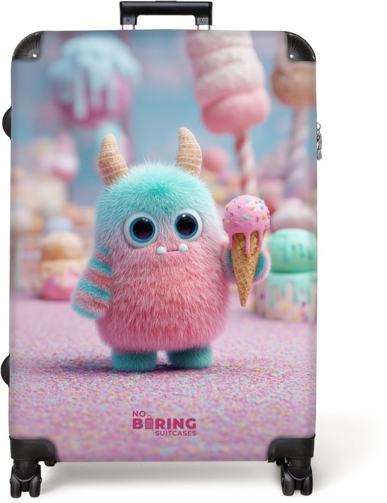 Lichtblauwe en roze pluizige monster met grote ogen en hoorns, die een roze ijsje vasthoudt op een roze ondergrond.