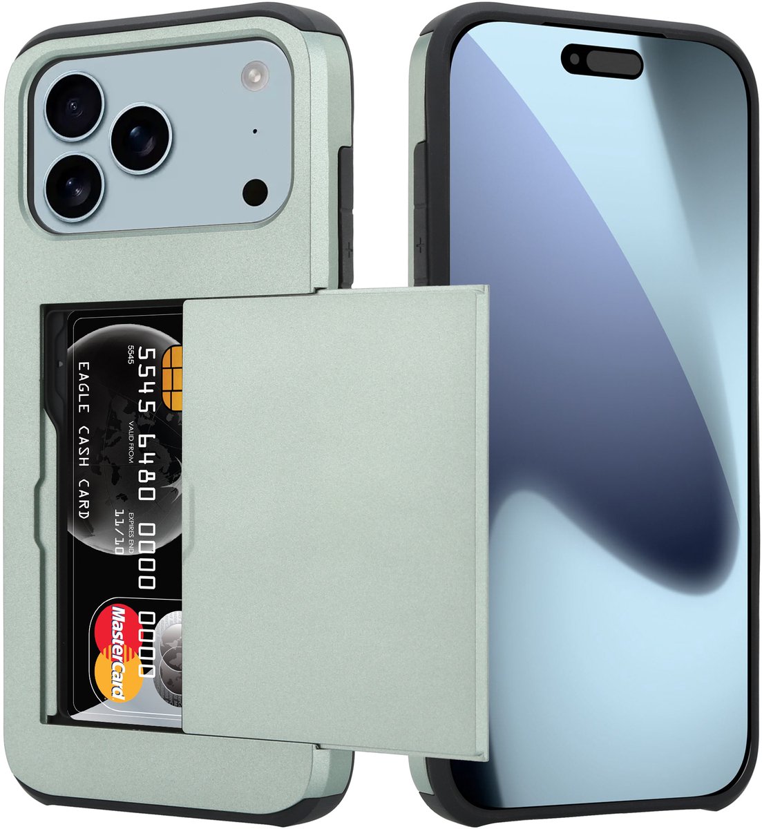 ShieldCase kaarthouder case met slider geschikt voor iPhone 17 Pro Max (donkergroen) – stevig hoesje met pasjeshouder, premium bescherming en strak design