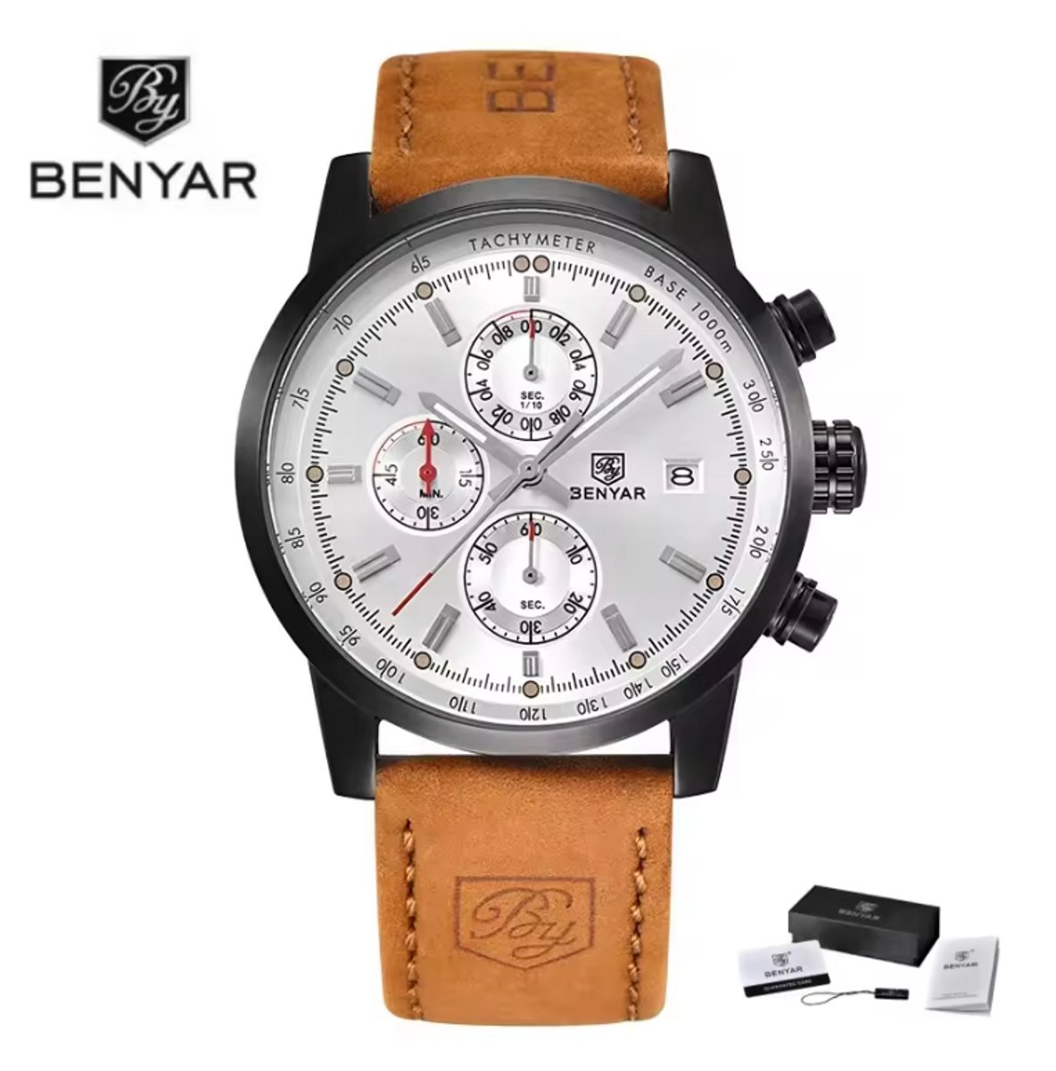 BENYAR Horloge BY-5102 - Lichtbruin-Wit - Heren - Quartz - Chronograaf - Lederen Band - Zilverkleurig - Luxe en Tijdloos