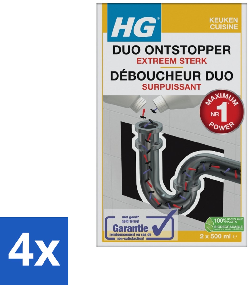 4 x HG Duo Ontstopper 1 liter - Ontstopper - Afvoer Verstopping - Keuken Ontstopper - Badkamer Ontstopper - HG Duo Ontstopper