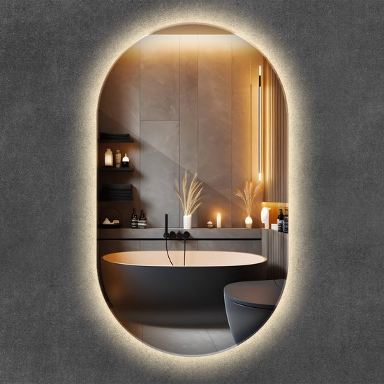 Wallfluent LED Spiegel - Oval Spiegel met verlichting - 52 cm x 90 cm - Design Wandspiegel - Woonkamerspiegel – Badkamerspiegel – Halspiegel – Slaapkamerspiegel - Fitnessstudio - Warm Wit 3000K - Energiezuinige Spiegel - Spiegel in Loftstijl