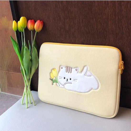 Foto: Laptophoes 14 inch leuk ontwerp met tulpen en kat figuurtje