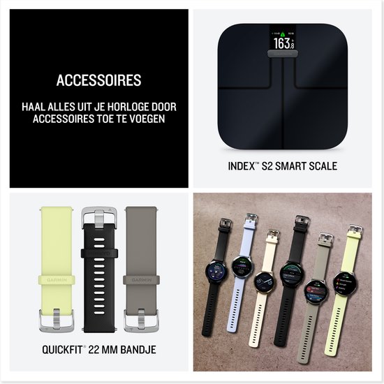 Collage: Zwarte weegschaal. Drie bandjes in geel, zwart en grijs. Vijf Garmin smartwatches in verschillende kleuren.
