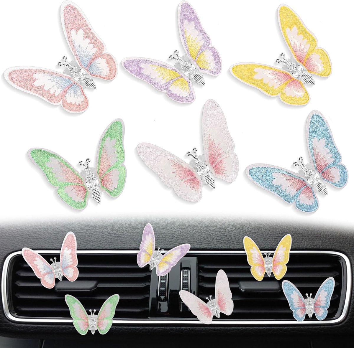 Image of 6 stuks - Vlindervormige ventilatieroosterclips - Geborduurde vlinder - Luchtroosterclips voor auto - Geborduurde vlinderdecoratie dansende vleugels- Decoratie voor luchtrooster in het middenconsole - 6×8,5 cm - Geel, blauw, groen, paars, wit, roze
