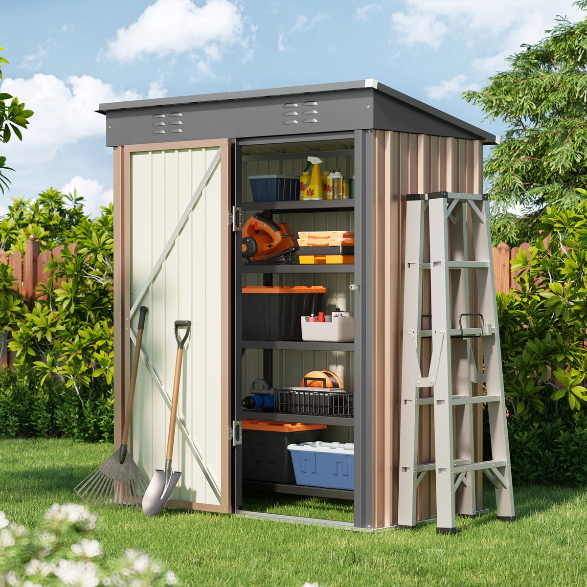 Xbro Tuinhuis – Metalen Gereedschapsschuur – Weerbestendige Tuinberging –Voor Achtertuin, Terras en Grasveld – 87x155x180 cm – Bruin