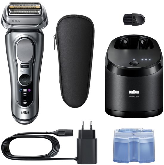 Rasoir Braun Series 9 PRO+, étui de voyage, centre SmartCare, câble d'alimentation et cartouche de nettoyage.