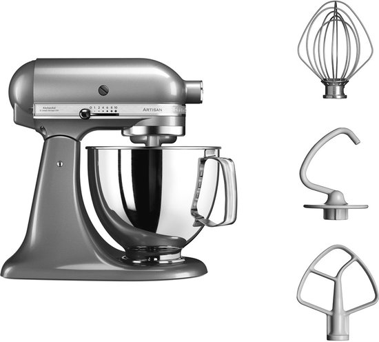 KitchenAid Artisan 5KSM125ECU - Keukenmachine - 4,8L - Contour zilver - 3 menghaken