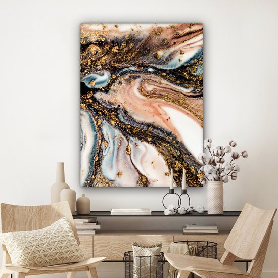 Tableau Toile Aspect Marbre - Goud - Zwart - Glitter - Chic - 90x120 cm - Décoration murale