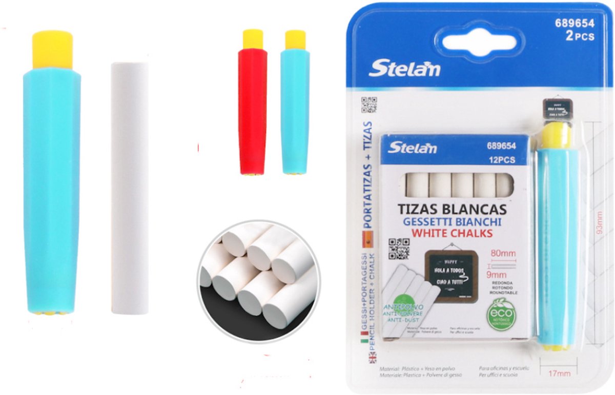 Decopatent - SET Krijthouder EN 12 STUKS Witte Krijtjes - Krijt - Stelam Krijtjeshouder voor schoolkrijt - Krijtjes Wit Voor Schoolbord Met Wisser - Schoolbordkrijtjes met Handige Krijtjes Houder