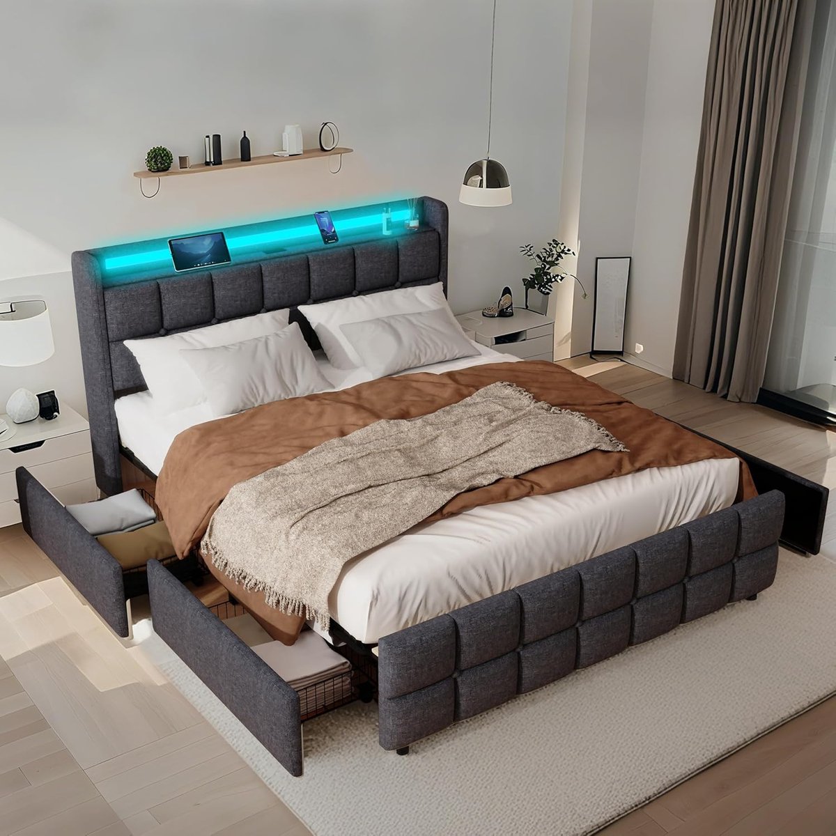 Functioneel Dubbelbed 140x200cm met 4 Lades, LED Verlichting en Oplaadstation - Grijs