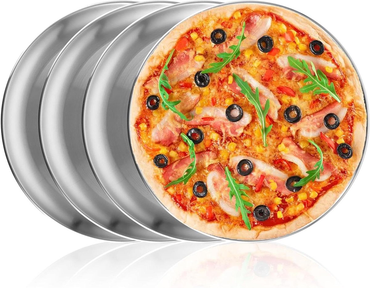 Set van 4 ronde pizzaborden van roestvrij staal, 30 cm pizzabord voor in de oven, gezond en duurzaam, gemakkelijk schoon te maken en vaatwasserbestendig