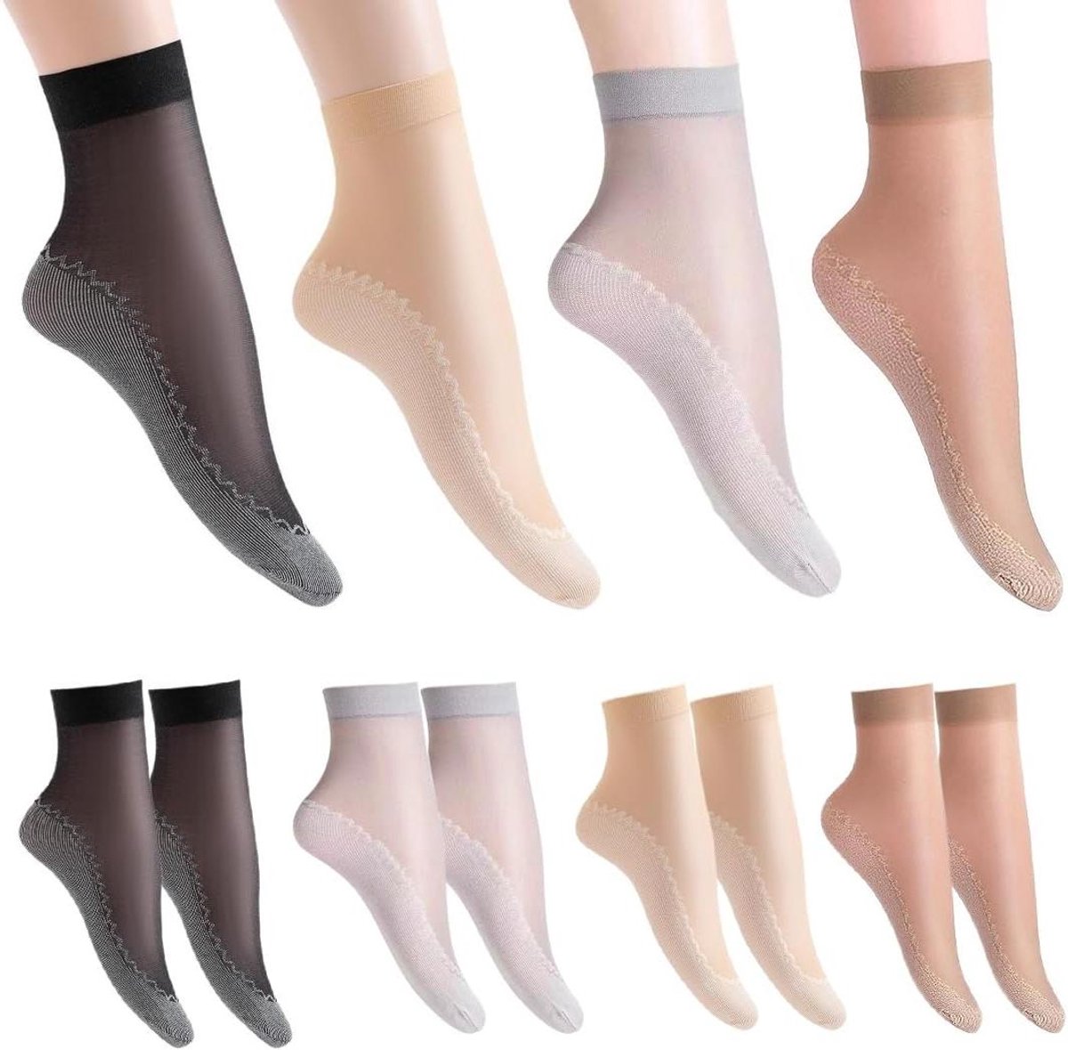 JHubers Goods Transparante kniekousen voor dames met antislip zool in 4 kleuren Comfortabele sokken met grip Set van 4 Diverse maten Voor dagelijks gebruik Any