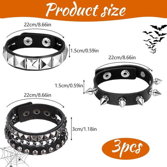 JJDreams Punk Lederen Manchet Armband Voor Mannen Vrouwen Verstelbare Vintage Zwart Studded Spike Klinknagel Gothic Bangle Polsband, 8.6 inches, Leer