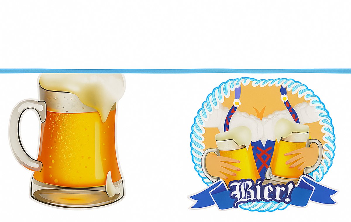 Oktoberfest vlaggenlijn 6 meter – 15 papieren vlaggetjes – Bier & Dirndl design – Blauw wit – Feestversiering Beierse stijl