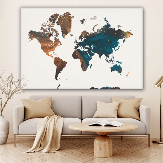 Wereldkaart en peinture bleu foncé et orange sur fond rose 180x120 cm