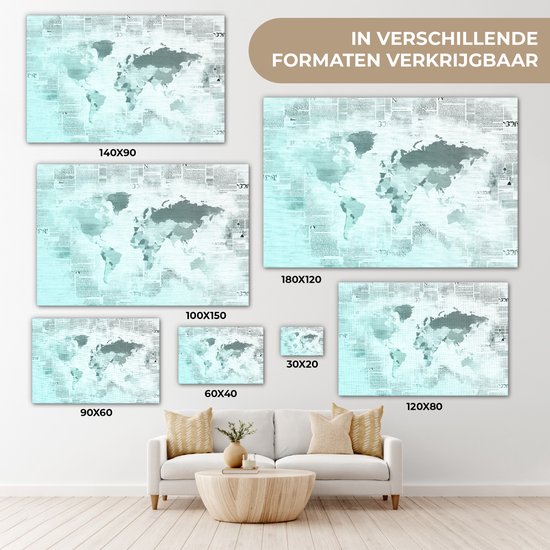 Wereldkaart aux couleurs bleu clair sur fond de papier journal 60x40 cm