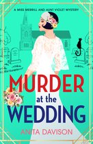 Een vrouw in een witte bruidsjurk en hoofddeksel, met een boeket bloemen. Titel: Murder at the Wedding