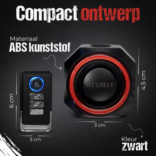 Zwart fietsalarm met rode ring en zwarte afstandsbediening, naast elkaar met afmetingen.