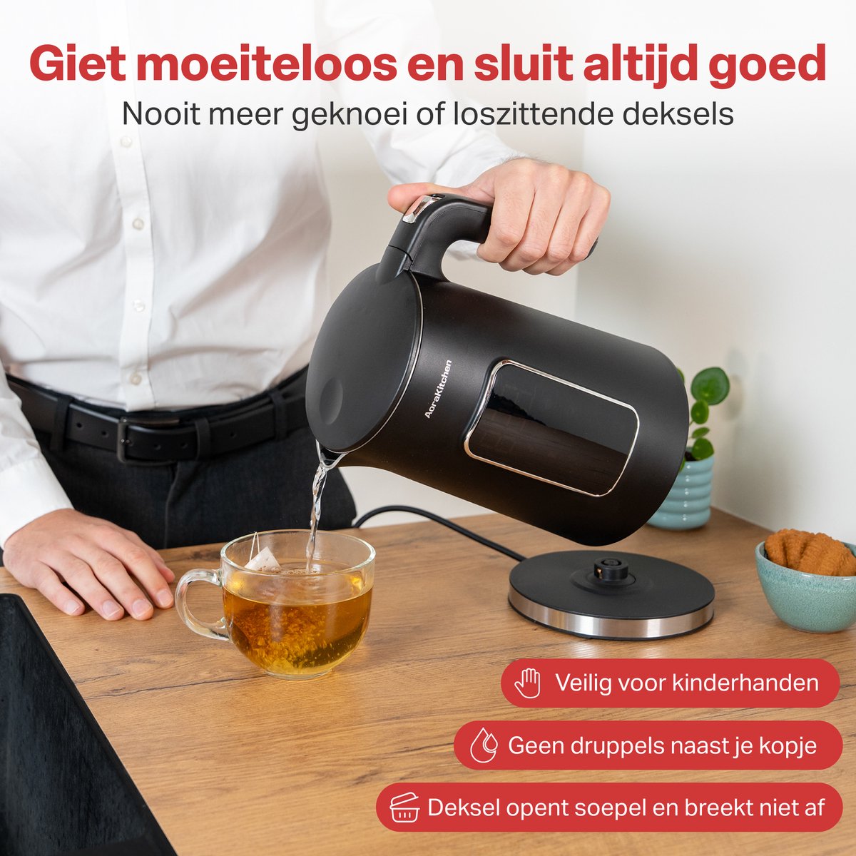 AoraKitchen Waterkoker - LED Touchscreen - Instelbare Temperatuurregeling - Waterkokers - 1.7L - Elektrisch - Cool Touch - Zwart — afbeelding 3