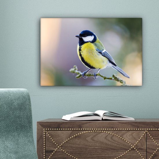 Toile - Peinture - Mésange charbonnière - Vogel - Branche - Mousse - Impression sur toile - Chambre à coucher - 30x20 cm - Intérieur - Décoration murale