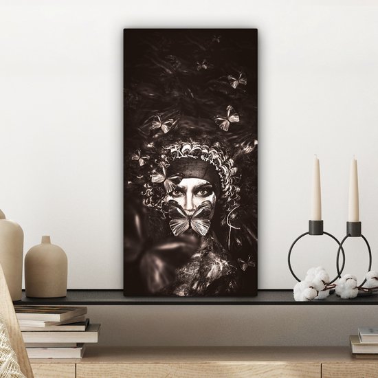 Toile Peinture Femme - Papillon - Zwart - Wit - 20x40 cm - Décoration murale