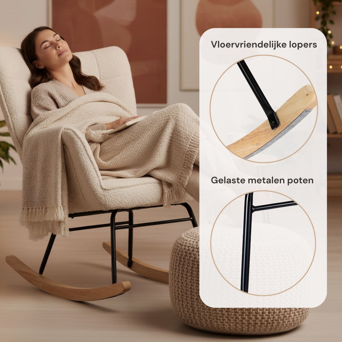 Zenzee Schommelstoel - Schommelstoelen babykamer - Met kussen - Relaxstoel - Fauteuil - Voedingsstoel - Roomwit - Beige — afbeelding 9