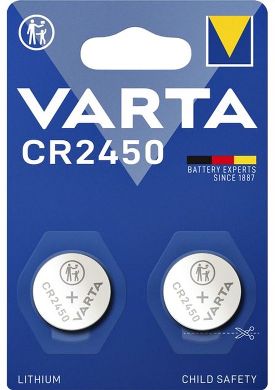 Verpakking met twee Varta CR2450 lithium knoopbatterijen, met kindveilige sluiting en tekst "BATTERY EXPERTS SINCE 1887".