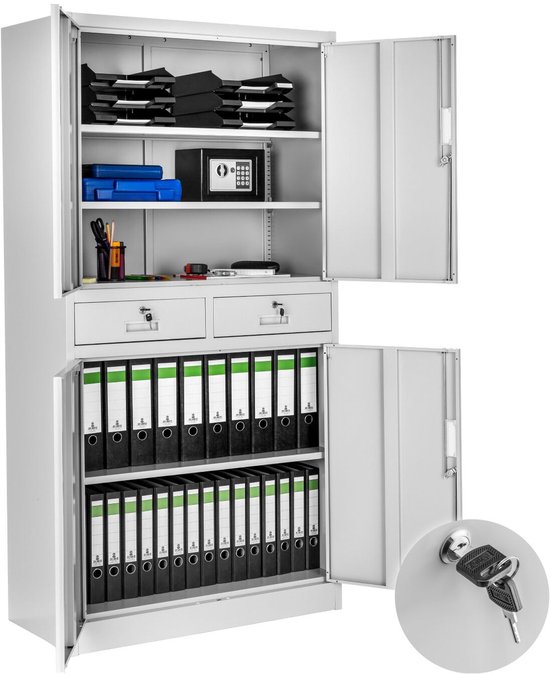 Grijze archiefkast met 4 deuren, 2 lades en sleutels, met close-up van de sleutel.